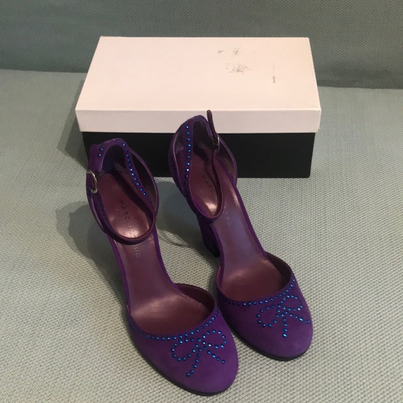 Vintage Marc Jacobs Purple Suede Rhinestone Bow Wedge Heel - Picture 2 of 11